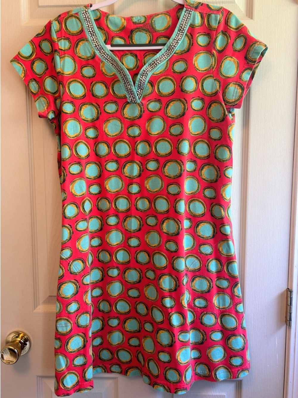 Stunning Patio Casuals Embellished Shift Dress - Pink & Teal Circle Print Size M